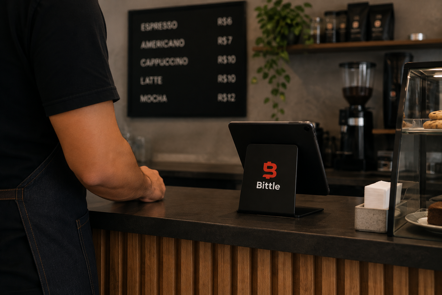 Comerciante de braço apoiado no balcão, ao lado de um totem de pagamento